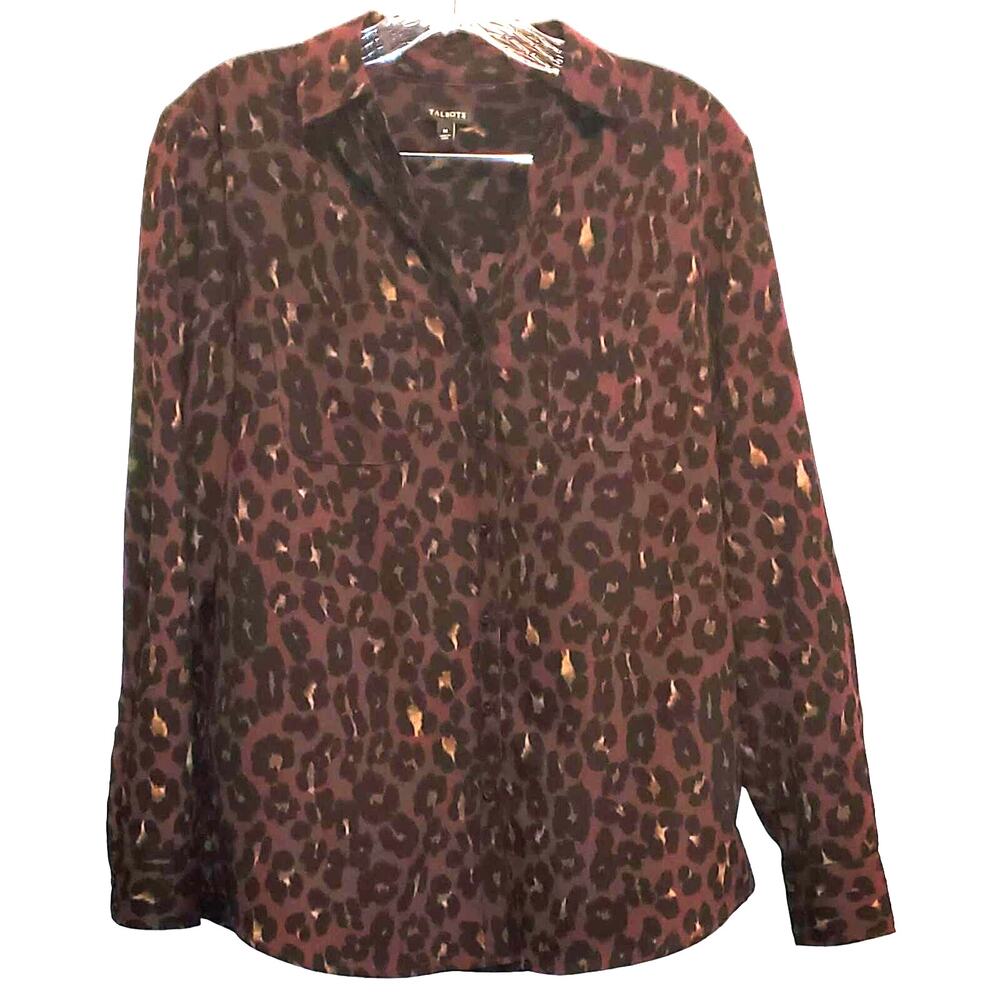 Talbots Long Sleeve Button Down Purple Plum Leopard Animal Print Blouse Medium